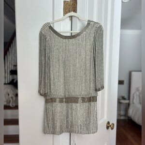 Parker Metallic Silver Sequin / Beaded Long Sleeve Dress